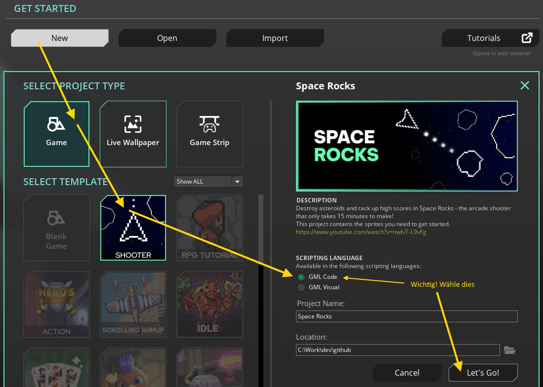 Space Rocks Template auswählen